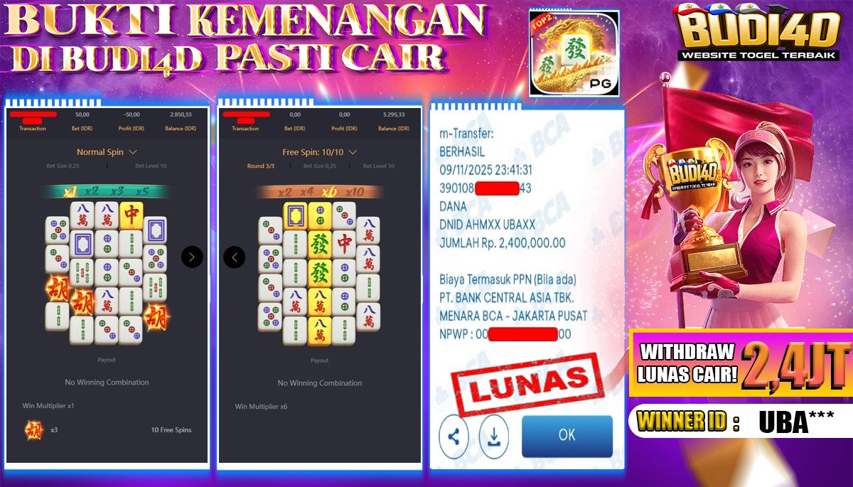 BUDI4D JACKPOT USER ID : UBA*** SLOT PG SOFT ( Mahjong Ways 2 ) Rp.2.400.000,- LUNAS